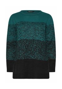Sweter dzianinowy w kolorze teal i czarnym, z kolorowymi blokami, okrągłym dekoltem i luźnym krojem. Teksturowany wzór z prążkowanymi akcentami.