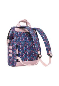 Floral-patterned backpack in dark blue with pink accents, featuring adjustable straps, dual zippers, and a sturdy base with reinforced seams.
