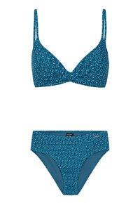 Teal bikini set met een driehoekige bralette en bijpassende lage slipjes. Beide stukken hebben een wit abstract patroon en dunne bandjes.