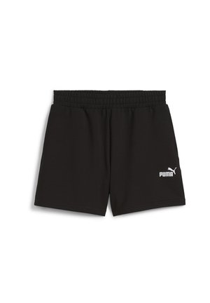 Black athletic shorts made of lightweight fabric. Features an elastic waistband and side pockets. White Puma logo on the lower left side.