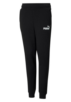 Pantalones de chándal negros con una cinturilla elástica, bolsillos laterales, piernas ajustadas y un logotipo blanco de Puma en la parte superior del muslo izquierdo.