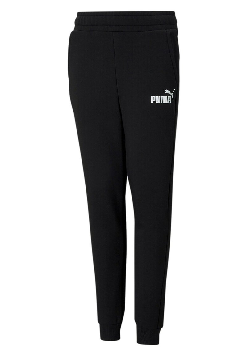 Pantalones de chándal negros con una cinturilla elástica, bolsillos laterales, piernas ajustadas y un logotipo blanco de Puma en la parte superior del muslo izquierdo.