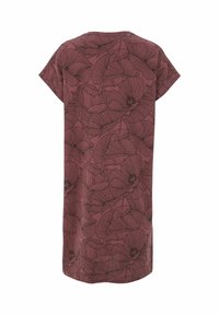 Kortärmad klänning i bourgogne med ett blommönster i svart. Avslappnad, lös design med rak fåll.