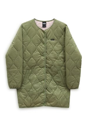 Zielona kurtka pikowana w diamentowy wzór, z długimi rękawami, okrągłym dekoltem, zapięciem na zatrzaski i czarnym logo Vans w górnym lewym rogu.