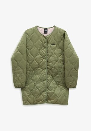 Zielona kurtka pikowana w diamentowy wzór, z długimi rękawami, okrągłym dekoltem, zapięciem na zatrzaski i czarnym logo Vans w górnym lewym rogu.