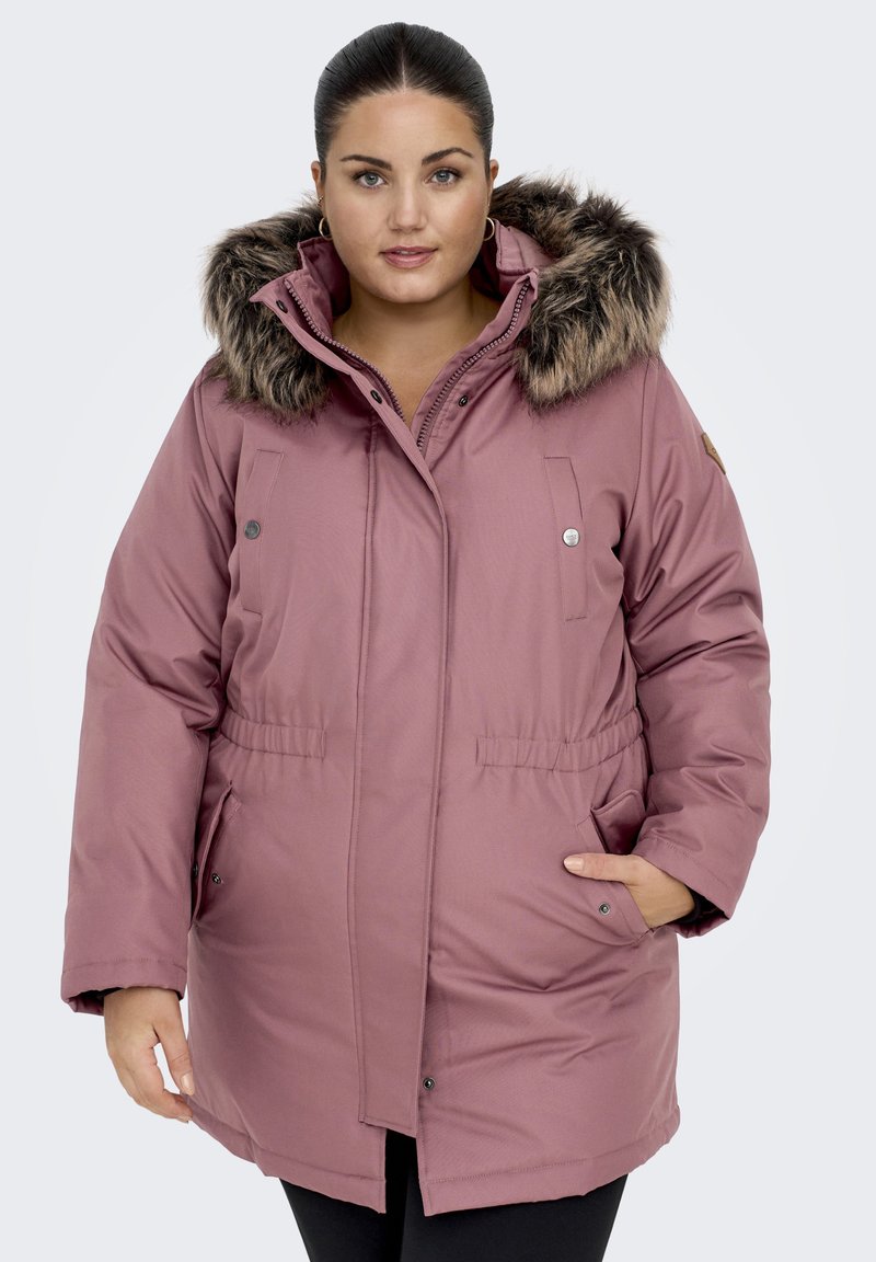 Dusty rose, insulated parka with faux fur trim on the hood, snap and zip closures, side pockets, and elastic waist detailing.