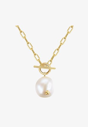Collar de cadena de oro que presenta una gran perla blanca irregular con un pequeño acento de estrella, asegurado con un cierre de palanca.