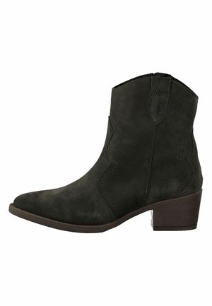 Dark green suede ankle boot with a pointed toe, subtle stitching patterns, and a stacked block heel. Side pull tab for easy wear.
