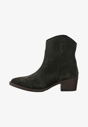 Dark green suede ankle boot with a pointed toe, subtle stitching patterns, and a stacked block heel. Side pull tab for easy wear.