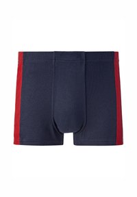 Navy blue boxers with red side stripes, made of cotton, featuring a contour pouch, elastic waistband, and smooth texture.
