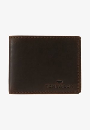 Brown leather wallet with a smooth texture, featuring embossed logo and tonal stitching. Compact, bifold design with rounded corners.