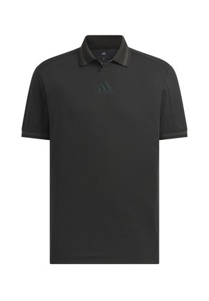 Polo noir à manches courtes avec col et logo Adidas subtil centré sous l'encolure.