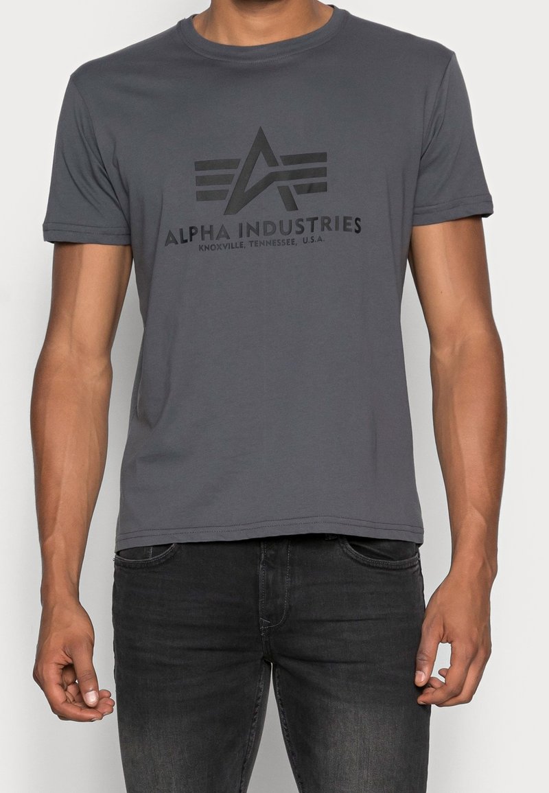 Šedé bavlněné tričko s černým grafickým potiskem "Alpha Industries" a stylizovaným logem na přední straně. Kulatý výstřih, krátké rukávy.