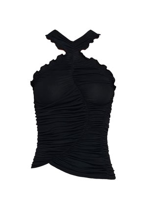 Black sleeveless top with gathered fabric, featuring a cross-back design and scalloped edges, made from stretchy material.