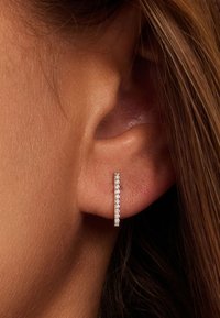 Boucles d'oreilles en argent en forme de barres verticales, ornées d'une rangée de petites pierres précieuses transparentes, mises en valeur par un gros plan d'une oreille et de cheveux.