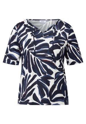 T-shirt à manches courtes en blanc avec un motif de feuilles bleu marine, doté d'un col en V avec cordons de serrage et d'une coupe décontractée. Fabriqué en tissu doux.