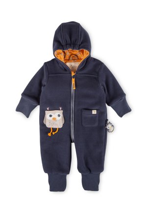 Dunkelblauer Kapuzen-Overall aus Fleece-Stoff. Mit orangefarbenem Futter, Eulen-Aufnäher auf der Tasche und Pinguin-Reißverschlussanhänger. Inklusive elastischer Bündchen.