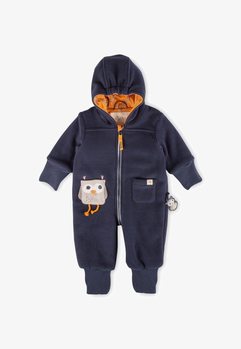 Navy blue hooded jumpsuit in fleece fabric. Features orange lining, owl pocket patch, and penguin zipper pull. Includes elastic cuffs.