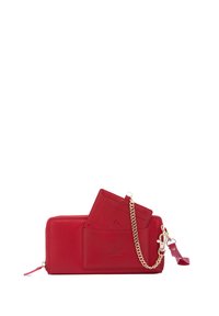 Red leather wallet with gold chain and zipper. Features card slots and a smooth texture. Includes a detachable wrist strap for convenience.