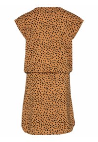 Robe à manches courtes de couleur brun terreux avec un motif de feuilles noires, dotée d'une coupe ample et d'un design superposé pour un confort optimal.