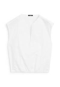 White cropped blouse with a V-neck, cap sleeves, and a gathered waistband. Made from smooth, lightweight fabric with a minimalist design.