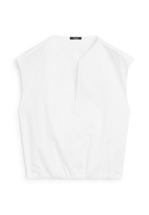 Blusa bianca cropped con scollo a V, maniche a cappuccio e vita arricciata. Realizzata in tessuto leggero e morbido con un design minimalista.