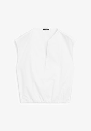 Weiße, kurz geschnittene Bluse mit V-Ausschnitt, kurzen Ärmeln und einer gerafften Taille. Hergestellt aus glattem, leichtem Stoff mit einem minimalistischen Design.