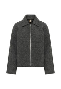Dunkelgrauer Wollpullover mit Reißverschluss, spitzem Kragen und langen Ärmeln, auf einem weißen Hintergrund flach präsentiert.