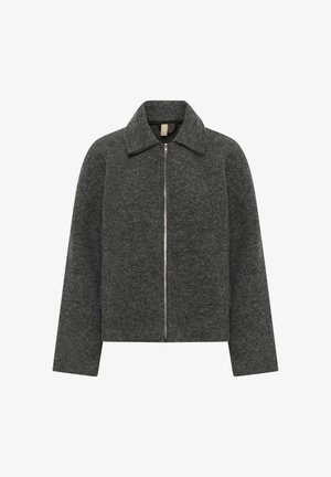Mørkegrå uld zip-jakke med spids krave og lange ærmer, vist fladt på en hvid baggrund.
