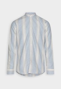 Langarmshirt gemaakt van lichtgewicht stof met horizontale blauwe en beige strepen. Heeft een opstaande kraag en een knoopsluiting aan de voorkant.