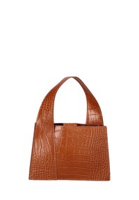 Borsa in finta pelle di coccodrillo marrone con due manici corte, forma rettangolare, superficie testurizzata e pannelli lisci a contrasto.