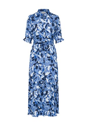 Modrá vzorovaná košilová šaty s krátkými volánkovými rukávy, zapínání na knoflíky vpředu a páskem vázaným v pase. Vyrobeno z lehkého materiálu; splývavý design.