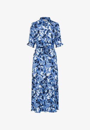 Blau gemustertes Hemdkleid mit kurzen, gerafften Ärmeln, durchgehender Knopfleiste und einem gebundenen Taillengürtel. Aus federleichtem Stoff; fließendes Design.