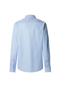 Light blue, long-sleeve shirt with a classic collar; features subtle vertical stripes, button cuffs, and a curved hem.