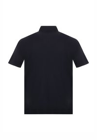 Polo shirt navy, maniche corte, collo classico, texture liscia, design minimalista, senza loghi o motivi visibili, vista da dietro.