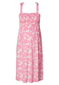 Rosa ärmelloses Kleid mit einem gerafften Oberteil, das große weiße Blumenmuster aufweist. Verstellbare Träger und eine lockere Passform.