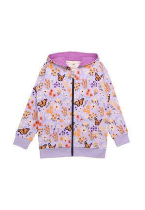 Hooded zip-up hoodie in lavender with floral and butterfly print, featuring a purple lining, two front pockets, and ribbed cuffs.