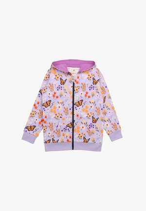Kapuze mit Reißverschluss in Lavendel mit Blumen- und Schmetterlingsmuster, ausgestattet mit einem lila Futter, zwei Fronttaschen und gerippten Bündchen.