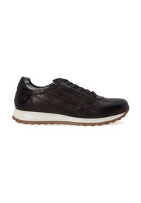 Dunkelbraune Leder-Sneaker mit strukturierter Oberfläche, ausgestattet mit einer Schnürung, einem seitlichen Reißverschluss und einer weißen Zwischensohle mit Gummiaußensohle.