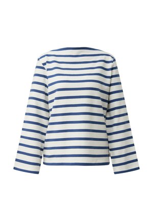 Chemise blanche à manches longues avec larges rayures horizontales bleues, col ras du cou, et coupe décontractée, vue de dos sur un fond uni.