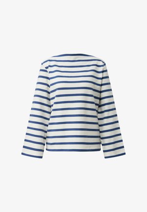 Chemise blanche à manches longues avec larges rayures horizontales bleues, col ras du cou, et coupe décontractée, vue de dos sur un fond uni.