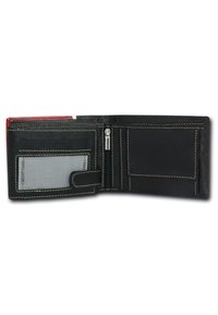 Black leather wallet with white stitching, featuring a coin zipper compartment, card slots, and a transparent ID window. Flattened design.