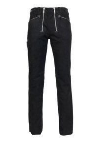 Schwarze Hose aus glattem Stoff, mit zwei silbernen Reißverschlüssen auf der Vorderseite und dezenten Akzentdetails nahe dem Taillenbund.