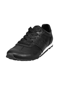 Sneaker in pelle nera con superficie texturizzata, design con lacci, colletto imbottito e suola in gomma bianca. Presenta il logo sul lato.