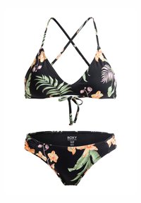 Čierny bikiny s kvetinovým vzorom v ružovej a zelenej farbe. Trojuholníkový vrch s nastaviteľným viazaním a prekríženými ramienkami. Bezšvové spodné diely s bočnými akcentmi.