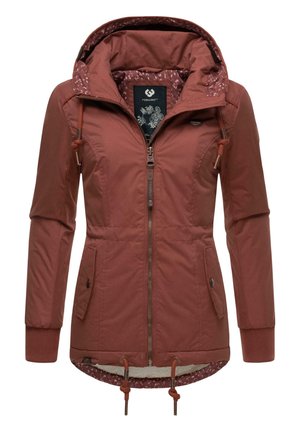 Veste d'extérieur bordeaux avec fermeture éclair sur le devant, poignets élastiques et capuche réglable avec cordon. L'intérieur présente une doublure à motif. Détails de poche remarquables.