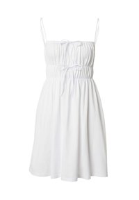 Weißes Sommerkleid mit verstellbaren Spaghettiträgern, elastischem Bund und Kordelzugverschluss. Leichter Stoff mit einem fließenden Rock.
