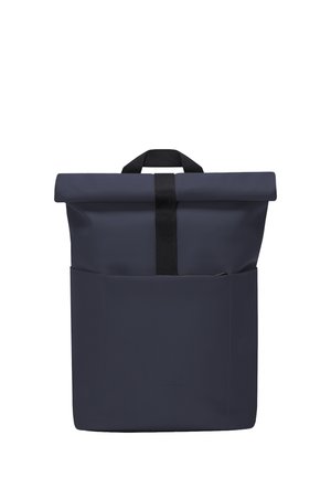 Dark blue roll-top backpack with front pocket and black strap handle, designed for casual or urban use.