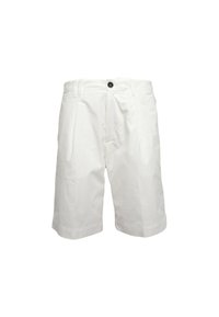 Pantaloni corti bianchi in cotone con taglio dritto, frontale plissettato, zip e chiusura con un singolo bottone nero. Design pulito e minimale.