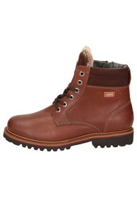 Braune Leder-Stiefelette mit einem strukturierten braunen Wildlederkragen, Schnürung, silbernen Ösen und einer robusten schwarzen Gummisohle.